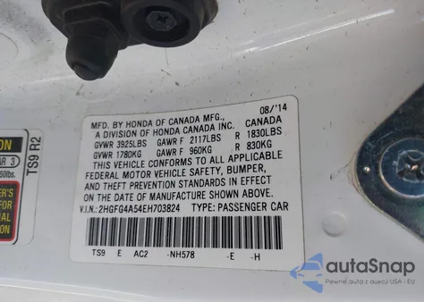 2014 Honda Civic Si z USA, uszkodzony, nr VIN 2HGFG4A54EH703824